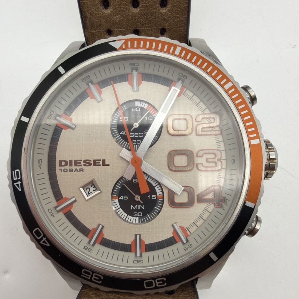 MENS DIESEL DOUBLE DOWN WATCH DZ4310 BROWN LEATHER STRAP 10 BAR WATER RESISTANT